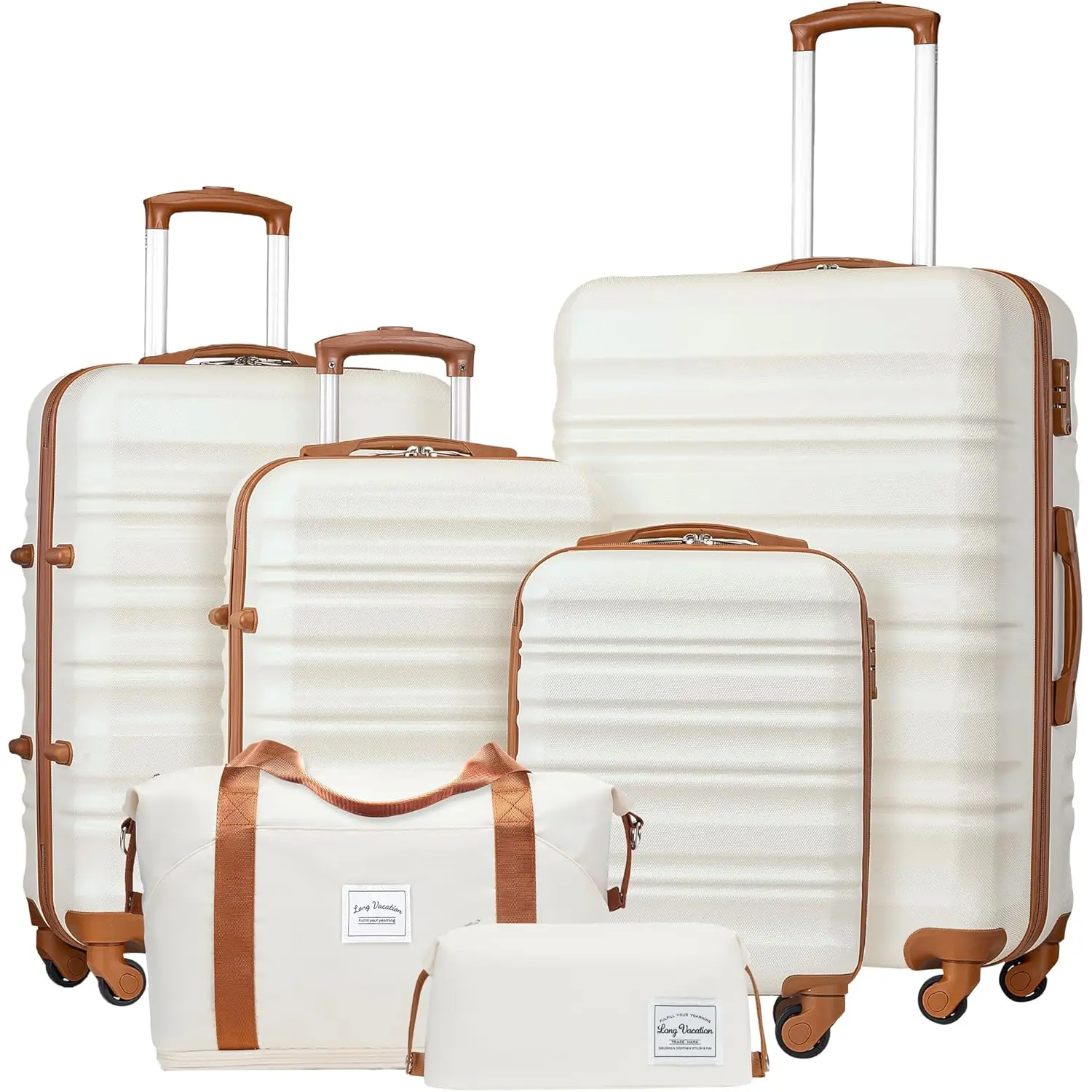 LONG VACATION Luggage Set 4 Piece Luggage ABS hardshell TSA Carry on Suitcase (WHITE-BROWN, 6 piece set) - 1